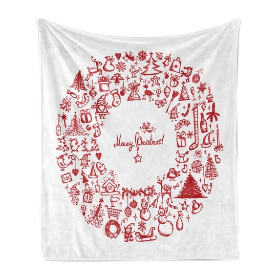 Christmas Soft Flannel Fleece Throw Blanket, Vintage Merry Xmas Wreath Several Noel Yule and Ribbons Candles Bells Image, Cozy Plush for Indoor and Outdoor Use, 70" x 90", Red, by Ambesonne