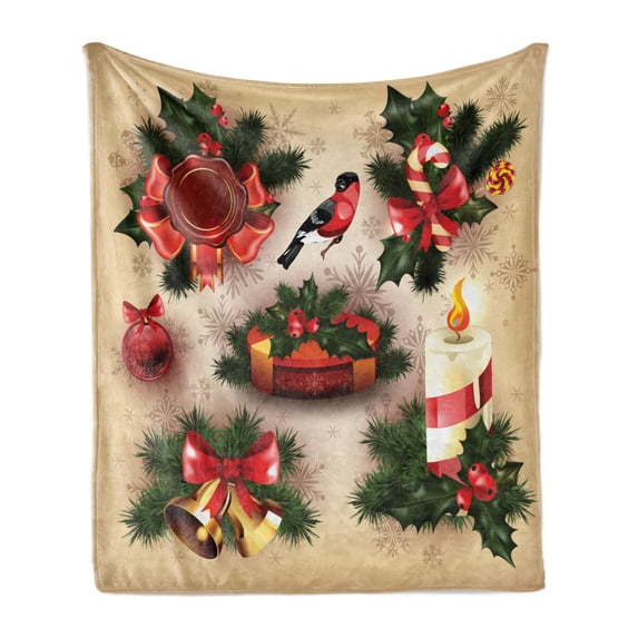 Christmas Soft Flannel Fleece Throw Blanket, Vintage Style Classical Candle Bell Mistletoe Ribbon Bird Art Print, Cozy Plush for Indoor and Outdoor Use, 70" x 90", Multicolor, by Ambesonne