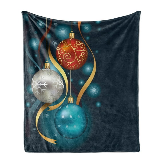 Christmas Soft Flannel Fleece Throw Blanket, Vivid Classical Baubles with Ribbons and Different Patterns Abstract, Cozy Plush for Indoor and Outdoor Use, 50" x 60", Petrol Blue Grey Red, by Ambesonne