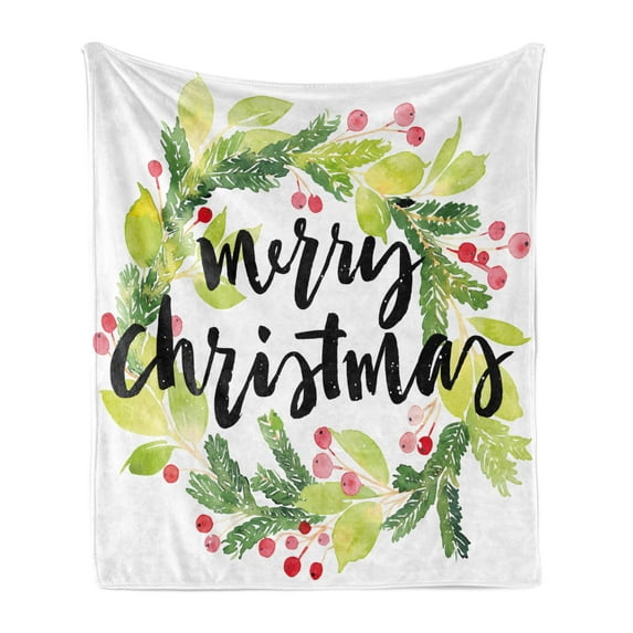 Christmas Soft Flannel Fleece Throw Blanket, Watercolor Painting Style Christmas Wreath and Hand Lettering Mistletoe, Cozy Plush for Indoor and Outdoor Use, 50" x 60", Black Green White, by Ambesonne