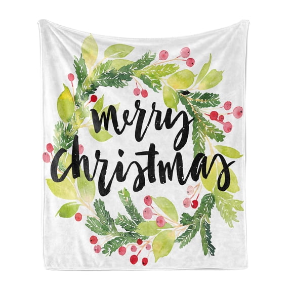 Christmas Soft Flannel Fleece Throw Blanket, Watercolor Painting Style Christmas Wreath and Hand Lettering Mistletoe, Cozy Plush for Indoor and Outdoor Use, 70" x 90", Black Green White, by Ambesonne