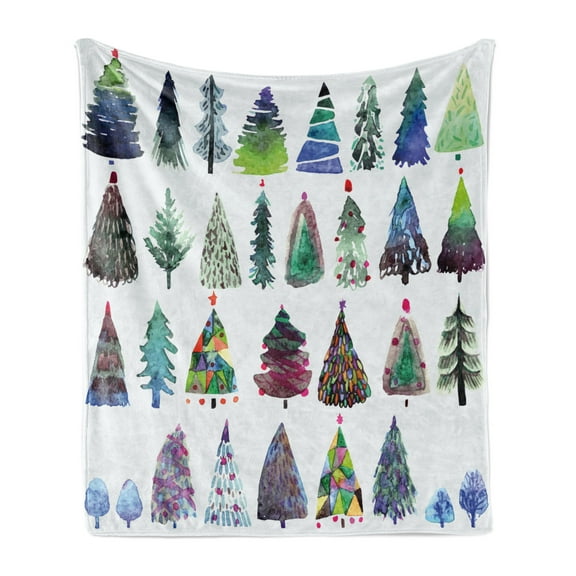 Christmas Soft Flannel Fleece Throw Blanket, Watercolor Christmas Theme Fir Trees Abstract Silhouettes Illustration, Cozy Plush for Indoor and Outdoor Use, 50" x 60", Multicolor, by Ambesonne