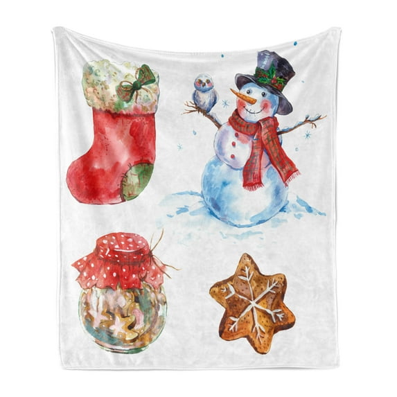 Christmas Soft Flannel Fleece Throw Blanket, Watercolor Xmas Snowman with Owl Sock Gingerbread Cookie, Cozy Plush for Indoor and Outdoor Use, 60" x 80", Dark Orange Pale Blue, by Ambesonne