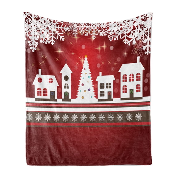 Christmas Soft Flannel Fleece Throw Blanket, Winter Holidays Theme Gingerbread House Trees and Snowflakes Artwork Print, Cozy Plush for Indoor and Outdoor Use, 50" x 70", White Red, by Ambesonne