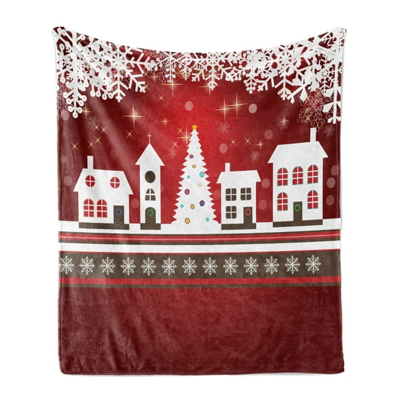 Christmas Soft Flannel Fleece Throw Blanket, Winter Holidays Theme Gingerbread House Trees and Snowflakes Artwork Print, Cozy Plush for Indoor and Outdoor Use, 50" x 70", White Red, by Ambesonne