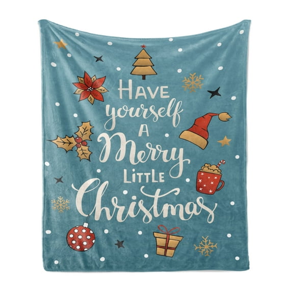 Christmas Soft Flannel Fleece Throw Blanket, Winter Items and Have Yourself a Merry Little Xmas Typography, Cozy Plush for Indoor and Outdoor Use, 50" x 60", Cadet Blue and Multicolor, by Ambesonne