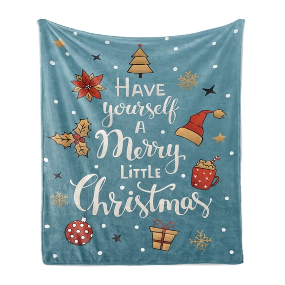 Christmas Soft Flannel Fleece Throw Blanket, Winter Items and Have Yourself a Merry Little Xmas Typography, Cozy Plush for Indoor and Outdoor Use, 50" x 70", Cadet Blue and Multicolor, by Ambesonne