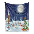 thumbnail image 1 of Christmas Soft Flannel Fleece Throw Blanket, Winter Season Snowman Xmas Tree Santa Sleigh Moon Present Boxes Snow and Stars, Cozy Plush for Indoor and Outdoor Use, 70" x 90", White Blue, by Ambesonne, 1 of 5