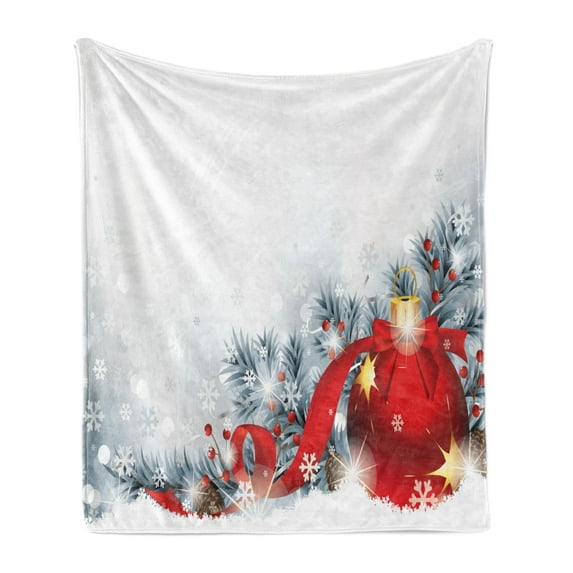 Christmas Soft Flannel Fleece Throw Blanket, Winter Solstice Noel Design with a Big Ball and Holm Snow Image Print, Cozy Plush for Indoor and Outdoor Use, 70" x 90", White Red, by Ambesonne