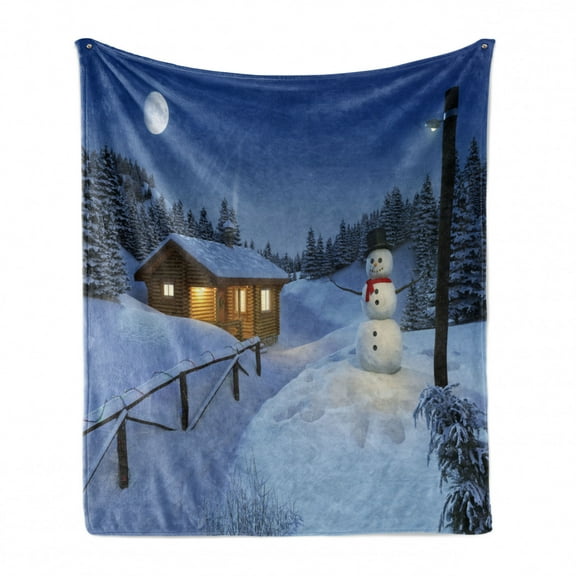Christmas Soft Flannel Fleece Throw Blanket, Wooden Rustic Log Cottage Scenery in the Winter Season Warm Moonlight, Cozy Plush for Indoor and Outdoor Use, 50" x 60", Blue White, by Ambesonne