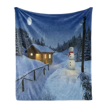 Christmas Soft Flannel Fleece Throw Blanket, Wooden Rustic Log Cottage Scenery in the Winter Season Warm Moonlight, Cozy Plush for Indoor and Outdoor Use, 60" x 80", Blue White, by Ambesonne
