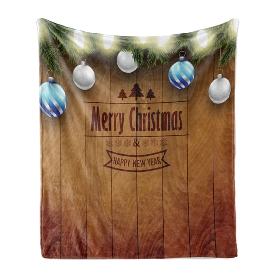 Christmas Soft Flannel Fleece Throw Blanket, Wooden Setting with Grey Balls Fairy Tale Setting and Pine Tree Twigs Wishes Theme, Cozy Plush for Indoor and Outdoor Use, 50" x 70", Brown, by Ambesonne