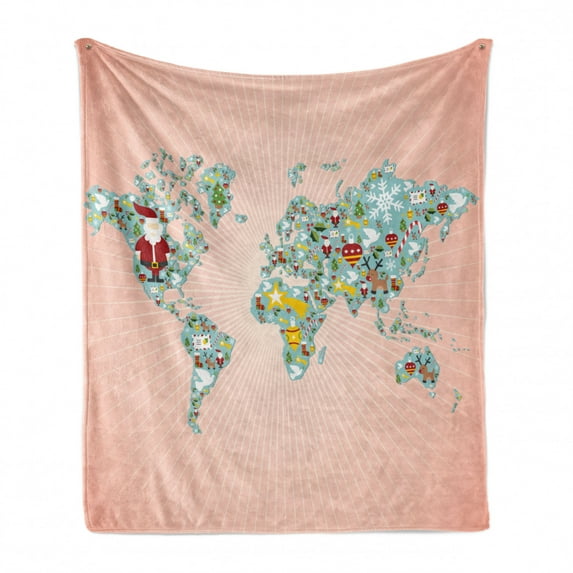 Christmas Soft Flannel Fleece Throw Blanket, World Map on Radiant Background with Xmas Themed Minimal Ornaments and Santa, Cozy Plush for Indoor and Outdoor Use, 60" x 80", Multicolor, by Ambesonne