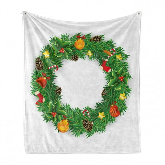 Christmas Soft Flannel Fleece Throw Blanket, Wreath Evergreen with Candy Cane Stockings Mistletoe Berries on Door, Cozy Plush for Indoor and Outdoor Use, 60" x 80", Green White, by Ambesonne