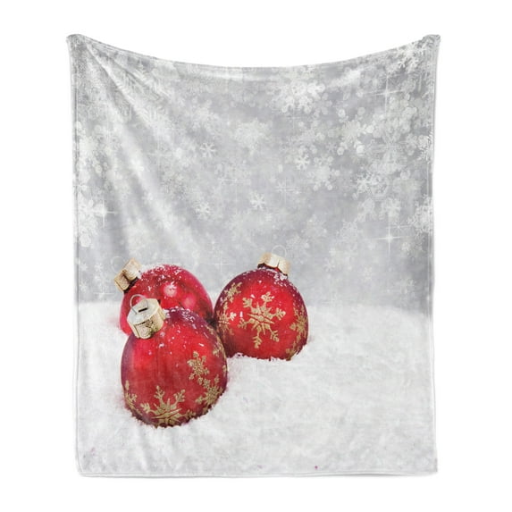 Christmas Soft Flannel Fleece Throw Blanket, Xmas Baubles on Snow Snowflakes Ice Holiday Humanitarian Artwork Illustration, Cozy Plush for Indoor and Outdoor Use, 70" x 90", Red White, by Ambesonne