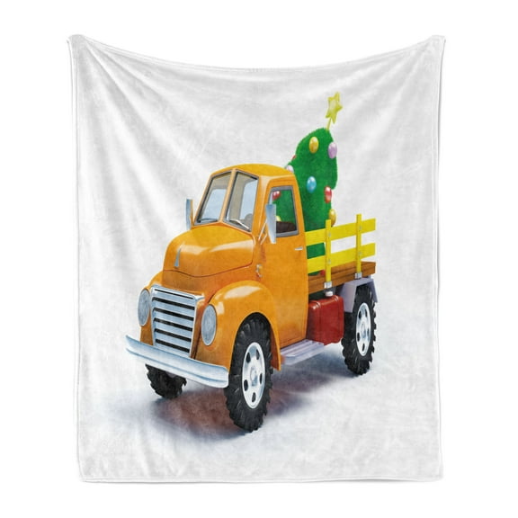 Christmas Soft Flannel Fleece Throw Blanket, Yellow Vintage Truck and Tree Design with Star Topper Old Farm Vehicle, Cozy Plush for Indoor and Outdoor Use, 50" x 60", White Yellow Green, by Ambesonne