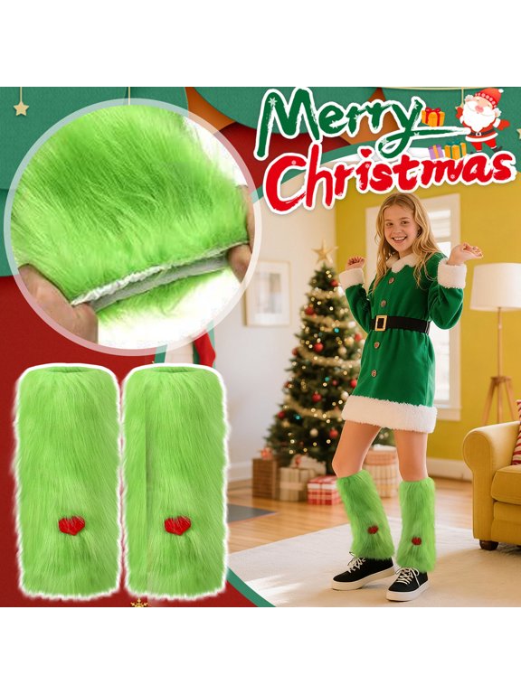 Christmas Soft Fluffy Leg Warmers for Women, Green Fluffy Boot Cuffs with Red Heart, Winter Plush Boot Toppers for Holiday Party, Cute Warm Leg Warmers