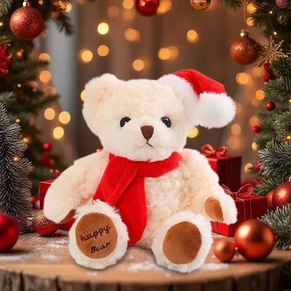 Christmas Soft Teddy Bear Stuffed Animal with Santa Hat & Red Scarf,Cute Holiday Decoration & Xmas Gift for Kids