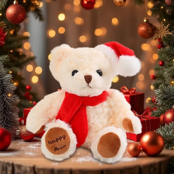 Christmas Soft Teddy Bear Stuffed Animal with Santa Hat & Red Scarf,Cute Holiday Decoration & Xmas Gift for Kids
