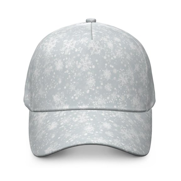 Christmas Soft White Snowflake Baseball Cap, Structured Flat Bill Hat with Snap Closure & Sweatband, Rigid Flat Brim Gifts for Sports Outdoor Travel