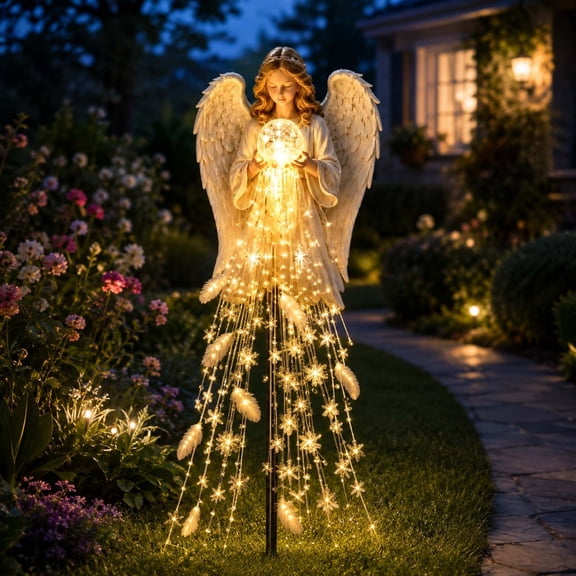 Christmas Solar Angel Memorial Garden Light, LED Snowflake String Lighted Resin Statue with Ground Stake, Outdoor Remembrance Decor for Yard Lawn Cemetery Christmas
