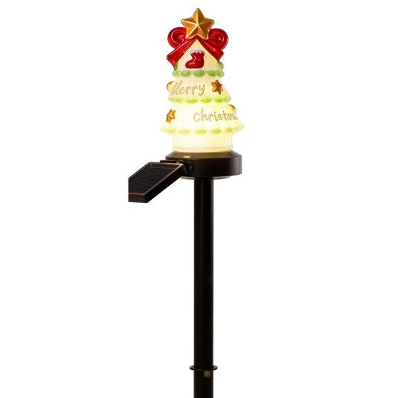 Christmas Solar Garden Lights Outdoor, Resin Tree Stake Lamp Waterproof, Auto On/Off Warm Glow for Yard Lawn Pathway Decor, PVC
