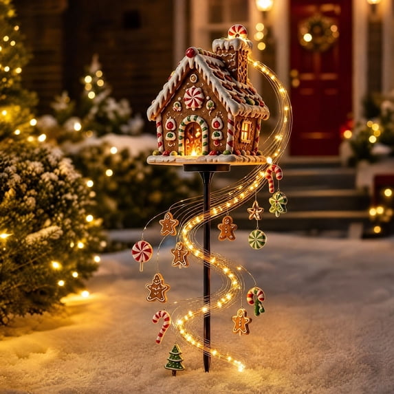Christmas Solar Garden Stake Light, Gingerbread House Magic Fountain Light, Flowing Snowflake LED Christmas Landscape Lamp for Lawn Yard Patio Decor