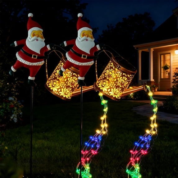 Christmas Solar Kettle Lights, Christmas Santa Solar Kettle Lights Garden Lawn Decorative Lights, Waterproof Hanging Metal Garden Decor with LED Light, for Outside Patio Pathway Yard (Colorful 2)