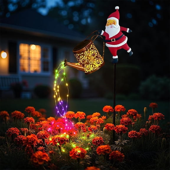 Christmas Solar Kettle Lights Garden Lawn Decorative Lights, Hanging Metal Solar Santa Claus Watering Can with LED Light, Vintage Waterproof Outdoor Lantern Decoration for Patio (Colorful Lights)