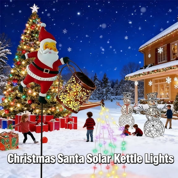 Christmas Solar Kettle Lights Garden Lawn Decorative Lights, Hanging Solar Santa Claus Watering Can with LED, Resin Outdoor Waterproof Garden Decor for Patio or Yard (Multicolor)