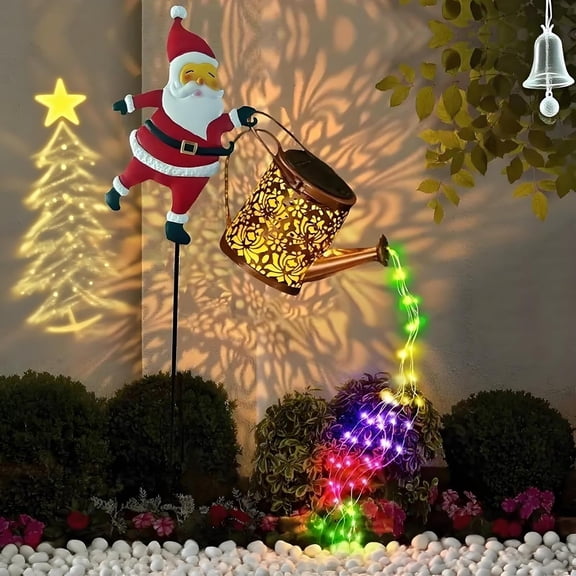 Christmas Solar Kettle Lights Garden Lawn Decorative Lights, Santa Solar Kettle Lights Outdoor Decor with Colorful LED Watering Can Design, Ideal for Festive Yard Decoration (Colorful Lights)