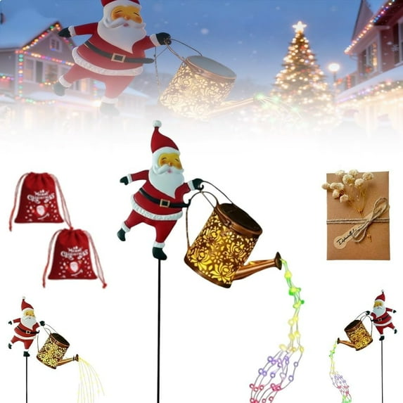 Christmas Solar Kettle Lights Garden Lawn Decorative Lights, Waterproof Hanging Metal Santa Claus Watering Can, Vintage LED Outdoor Ground Lamp Stake Light Decoration for Pathway Patio(Colored(1pc))
