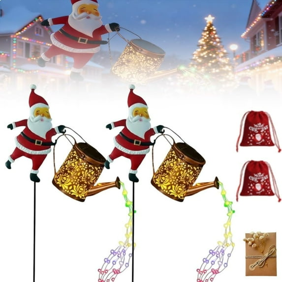Christmas Solar Kettle Lights Garden Lawn Decorative Lights, Waterproof Hanging Metal Santa Claus Watering Can, Vintage LED Outdoor Ground Lamp Stake Light Decoration for Pathway Patio(Colored(2pc))