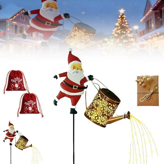 Christmas Solar Kettle Lights Garden Lawn Decorative Lights, Waterproof Hanging Metal Santa Claus Watering Can, Vintage LED Outdoor Ground Lamp Stake Light Decoration for Pathway Patio(Warm(1pc))