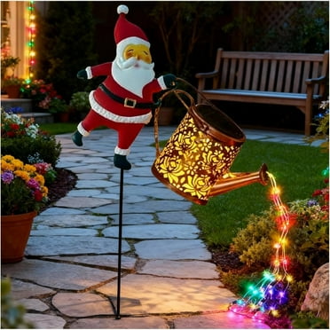 Christmas Solar Kettle Lights - Outdoor Solar Watering Can with String Lights, Santa Solar Garden Lantern Decoration, Festive Holiday Pathway Yard Patio Decor for Christmas Party