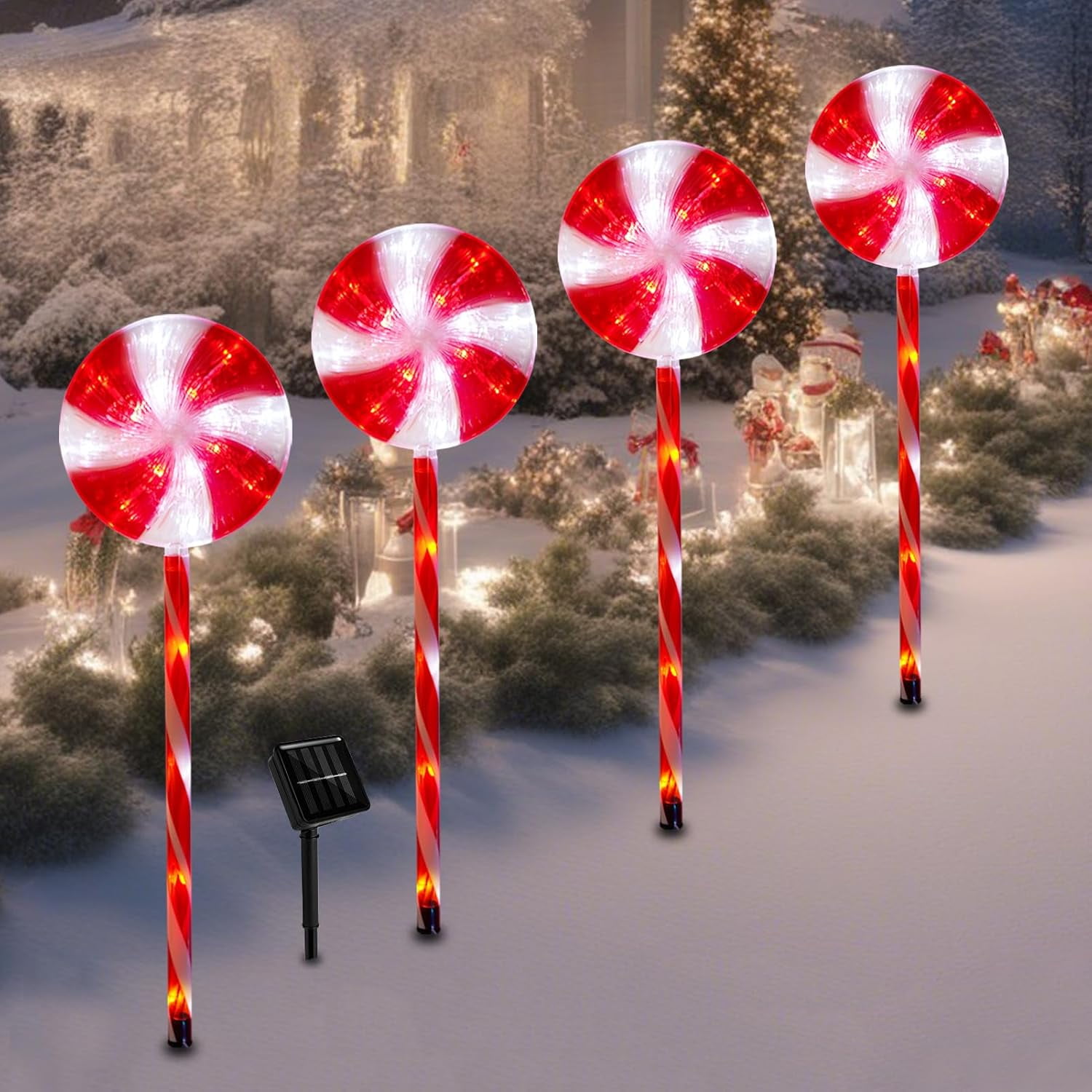 Christmas Solar Pathway Lights, 27" Set of 4 Lollipops Peppermint Stake