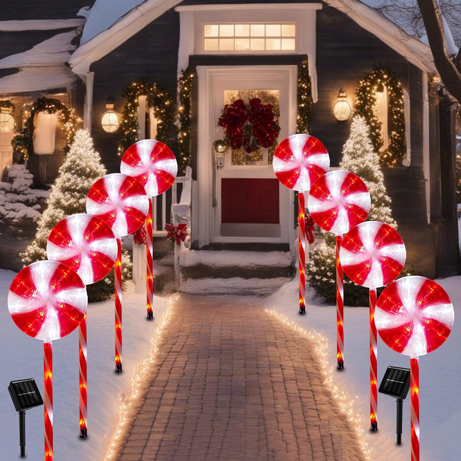Christmas Solar Pathway Lights, 27" Set of 4 Lollipops Peppermint Stake