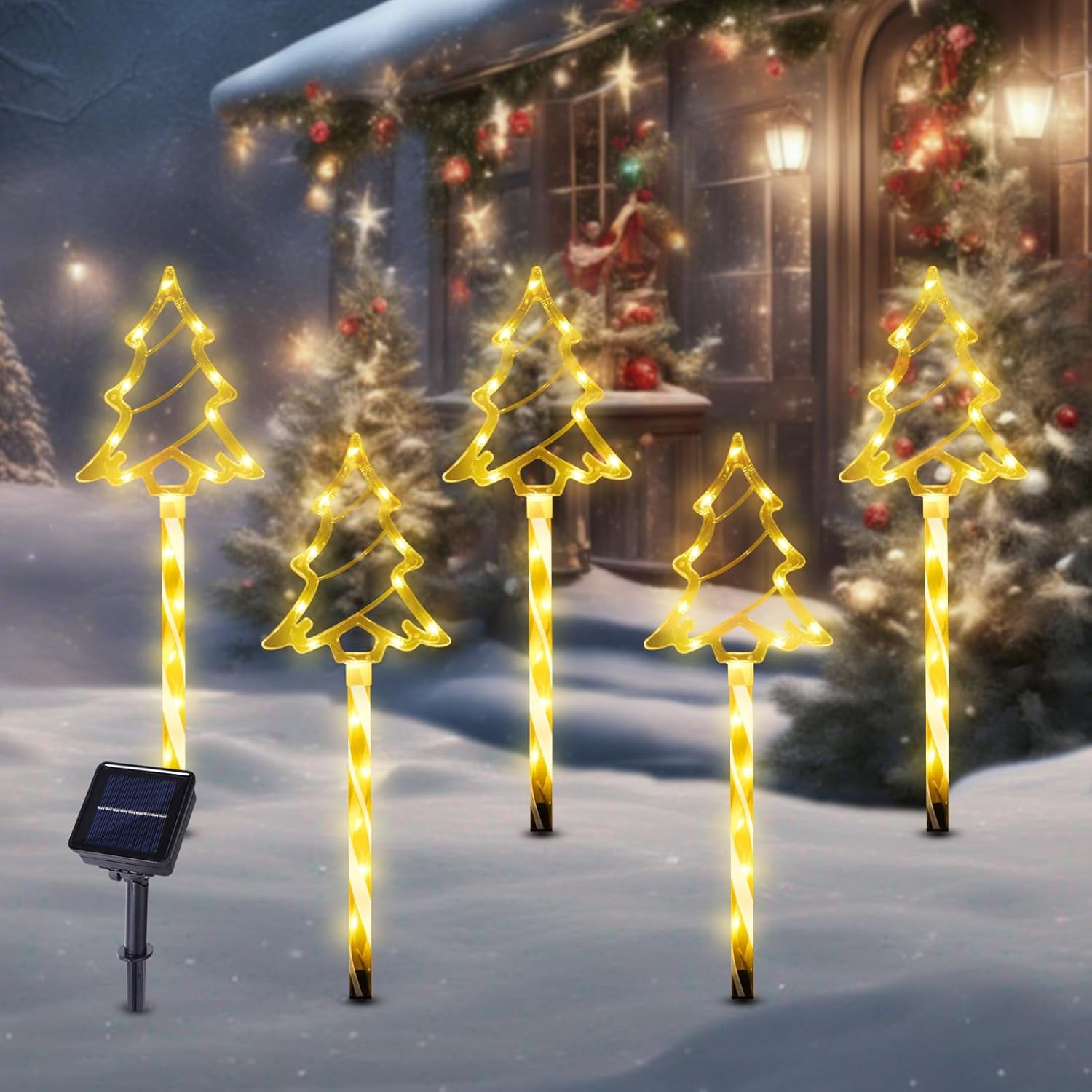 Christmas Solar Pathway Lights Outdoor Decorations, 8 Modes Xmas Tree Candy Lights Waterproof Led Garden Stake Light for Walkway Yard Lawn Porch Holiday Decor 5-Pack