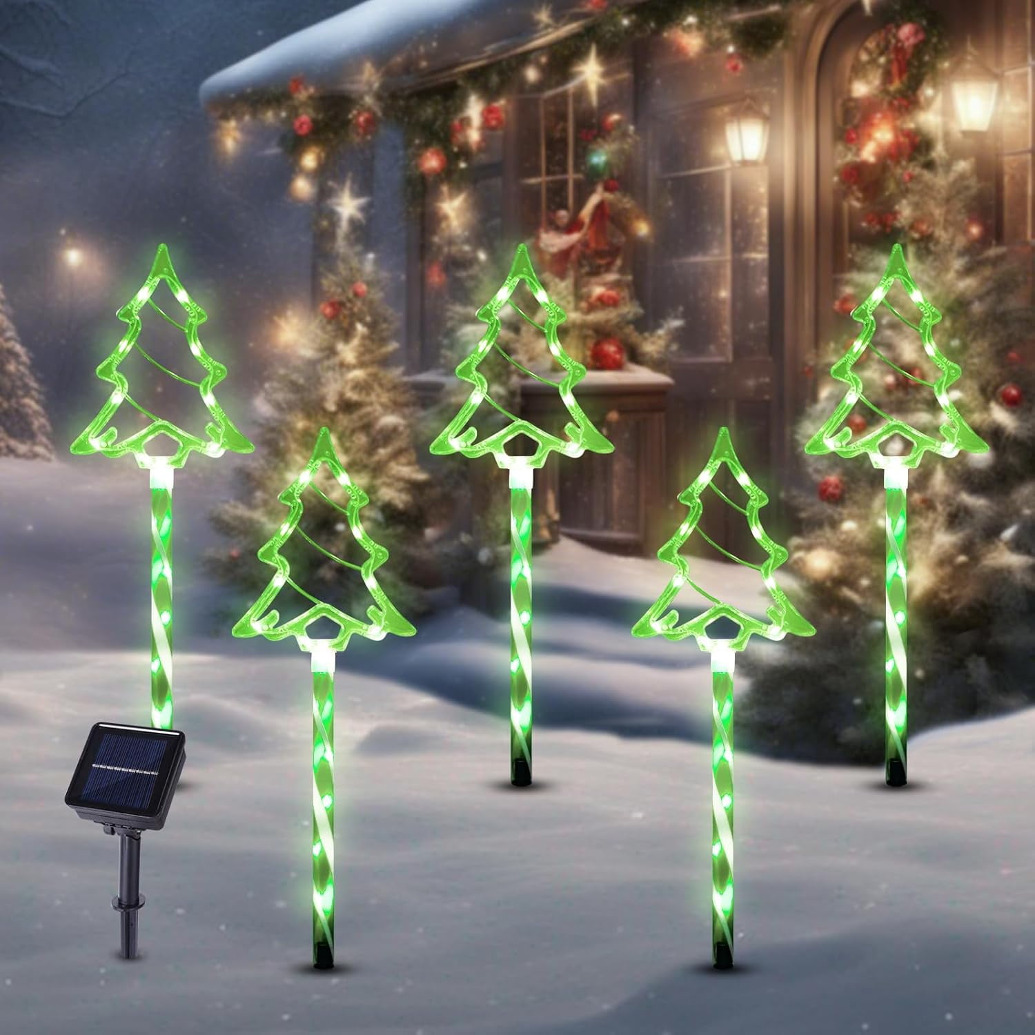 Christmas Solar Pathway Lights Outdoor Decorations, 8 Modes Xmas Tree Candy Lights Waterproof Led Garden Stake Light for Walkway Yard Lawn Porch Holiday Decor 5-Pack