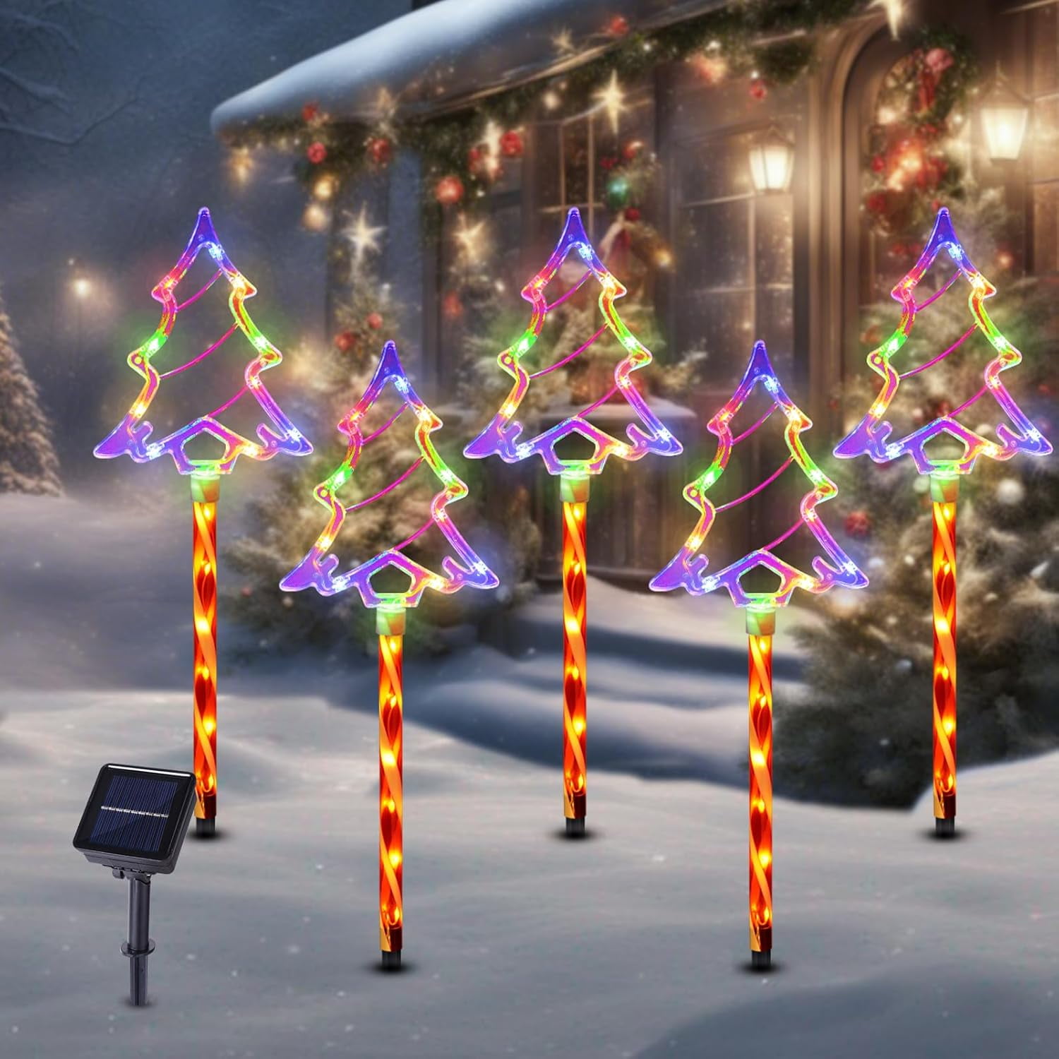 Christmas Solar Pathway Lights Outdoor Decorations, 8 Modes Xmas Tree Candy Lights Waterproof Led Garden Stake Light for Walkway Yard Lawn Porch Holiday Decor 5-Pack