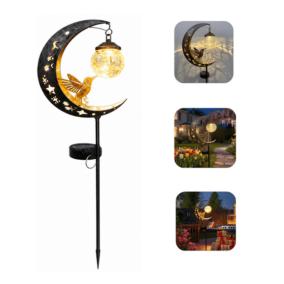 Christmas Solar-Powered Moon-Shaped Ground Light with Hummingbird and Glass Ball Decorations, Suitable for Outdoor Patio Decoration