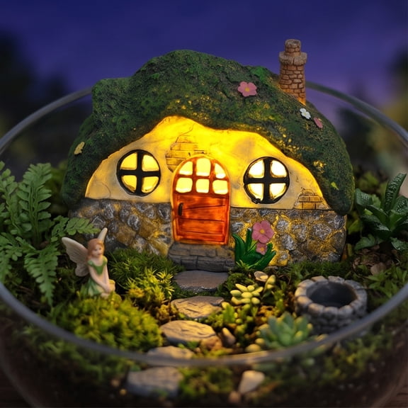 Christmas Solar Resin Miniature Cabin, Fairy House Ornament with Warm LED Light, Moss Roof and Stone Wall Detail, Outdoor Garden Path Yard Balcony Table Decor Holiday Gift