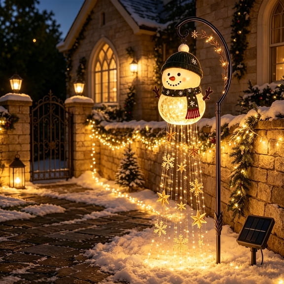 Christmas Solar Snowman Light, Hanging Resin Ornament with Cascading Star and Snowflake String, Soft Glow LED for Yard and Porch