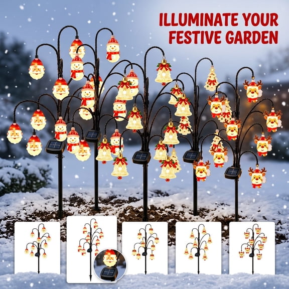 Christmas Solar Tree Stake Lights, Outdoor Solar Holiday Yard Decorations with Hanging LED Characters, 26 Inch Christmas Pathway Stake for Garden Lawn Porch Front Yard