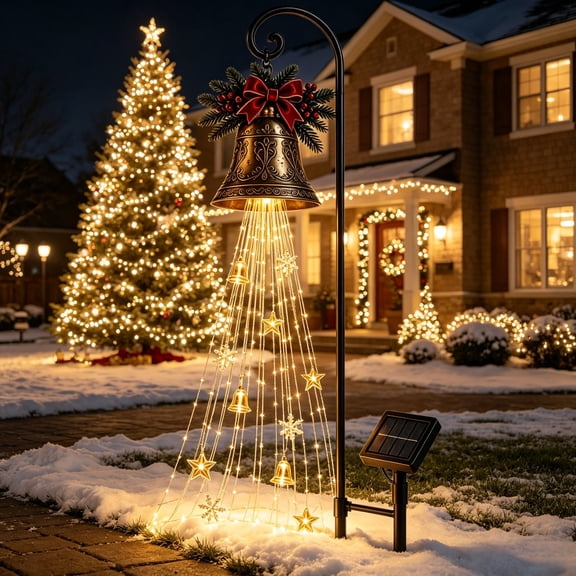 Christmas Solar Yard Light Outdoor, Cascading Bell Tree Light with Warm White LED, Garden Stake Holiday Decoration