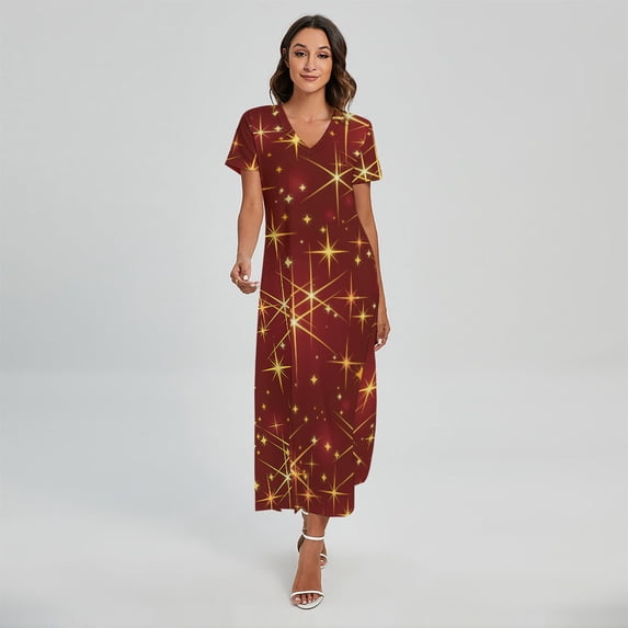 Christmas Sparkle Printed Short Sleeve Maxi Dress, Jesus Christian Fashion Summer Maxi Dress For Women