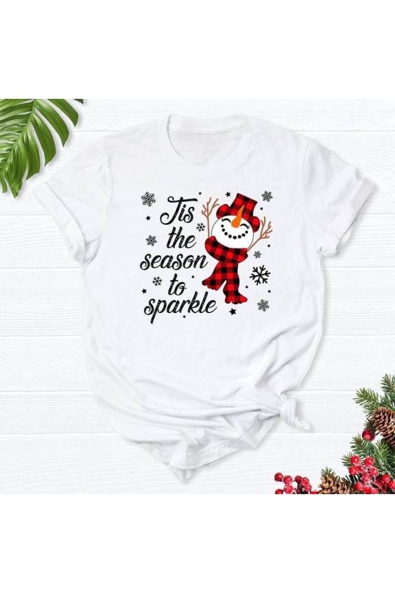 Christmas Sparkle Snowman Graphic Tee T Shirt Top Short Sleeve Round Neck Comfortable White S-5XL