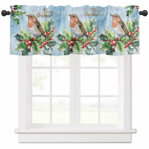 Christmas Sparrows Valances for Windows, Winter Berry Leaf Xmas Light Filtering Window Treatment Valances, Rod Pocket Small Curtains for Kitchen/Bathroom, 56"x16"