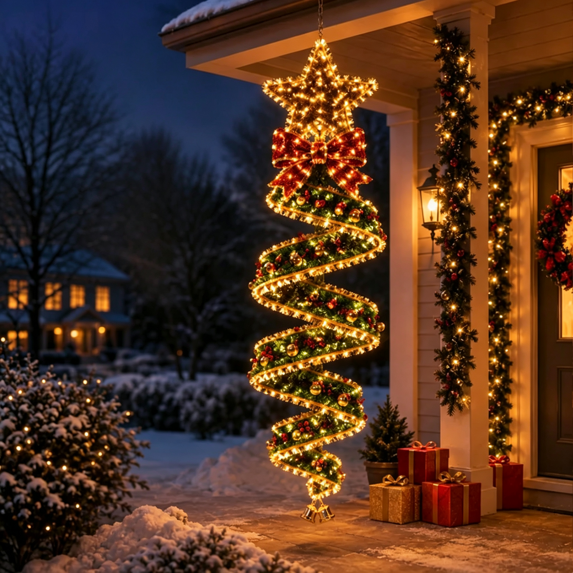 Christmas Spiral Hanging LED Light Decor,Vertical Outdoor Holiday Display for Porch Entryway Doorway,3 Designs with Illuminated Spiral Shape Night Glow