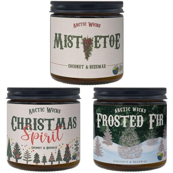 Christmas Spirit, Mistletoe, Frosted Fir 3 Pack Winter Candles |Arctic Wicks Coconut Beeswax Candles | 16oz Double Wick Amber Jar | Farmhouse Candles Non-Toxic Clean Burn 100% USDA Certified Biobased